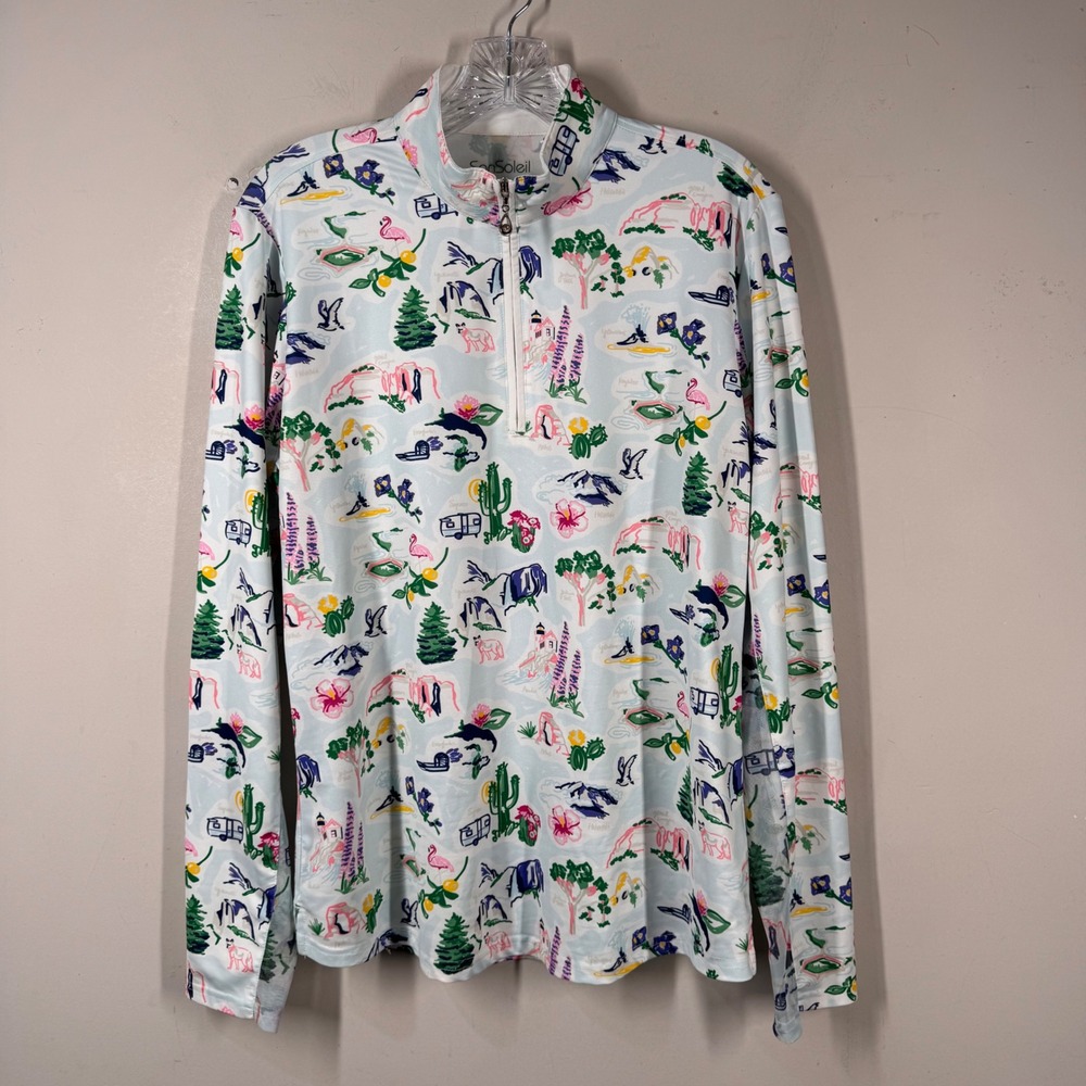 SanSoleil SolCool National Park Print UPF 50 Quarter Zip Sun Shirt Womens Large
